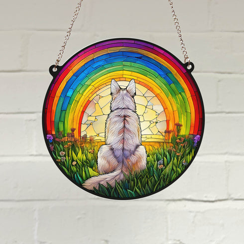 German Shepherd White Rainbow Bridge Stained Glass Effect Suncatcher